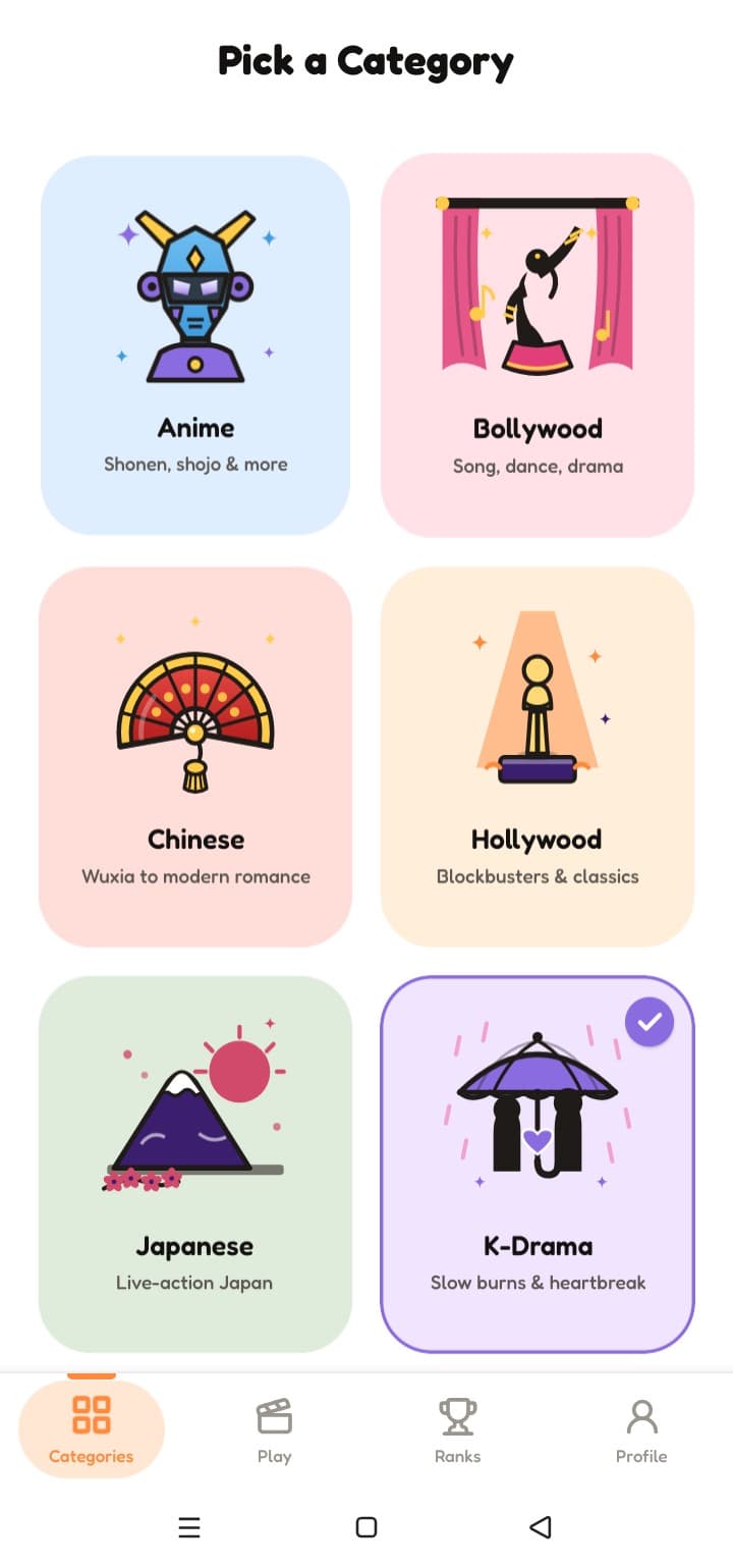 The category picker, showing all six categories: Anime, Bollywood, Chinese, Hollywood, Japanese and K-Drama.