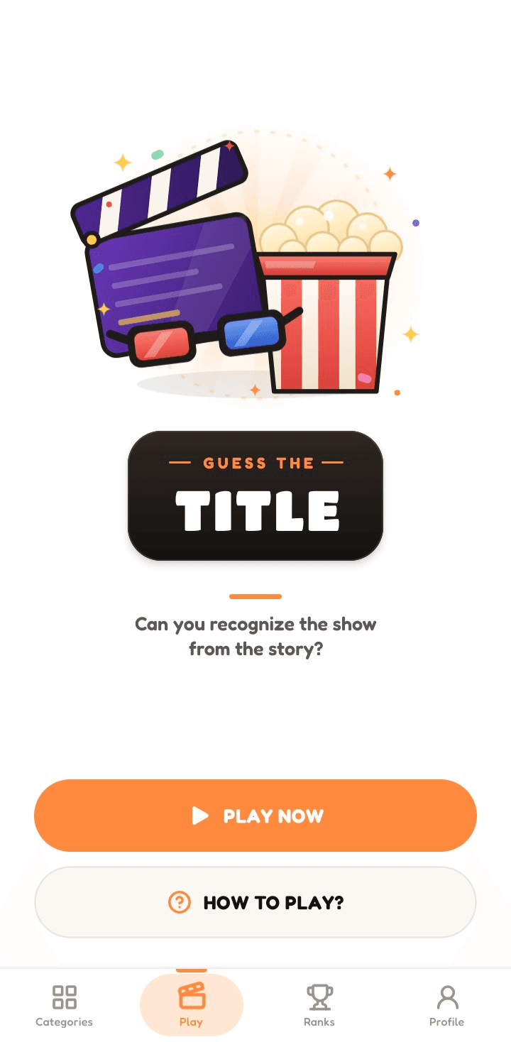 The app home screen: the Guess the Title wordmark below a clapperboard and popcorn illustration, above a Play now button.