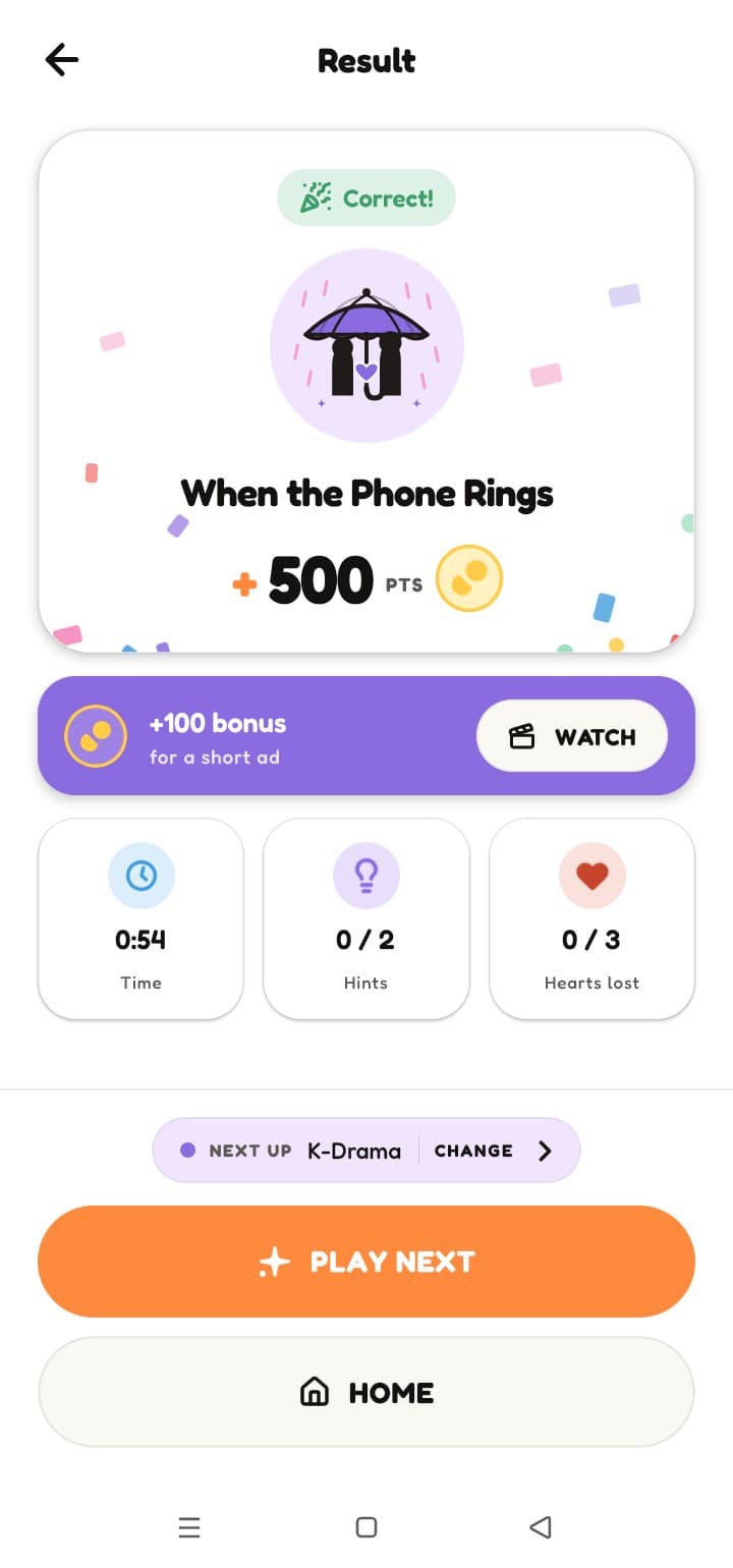 The result screen after a correct guess, showing the title, its poster, and the points earned for the round.